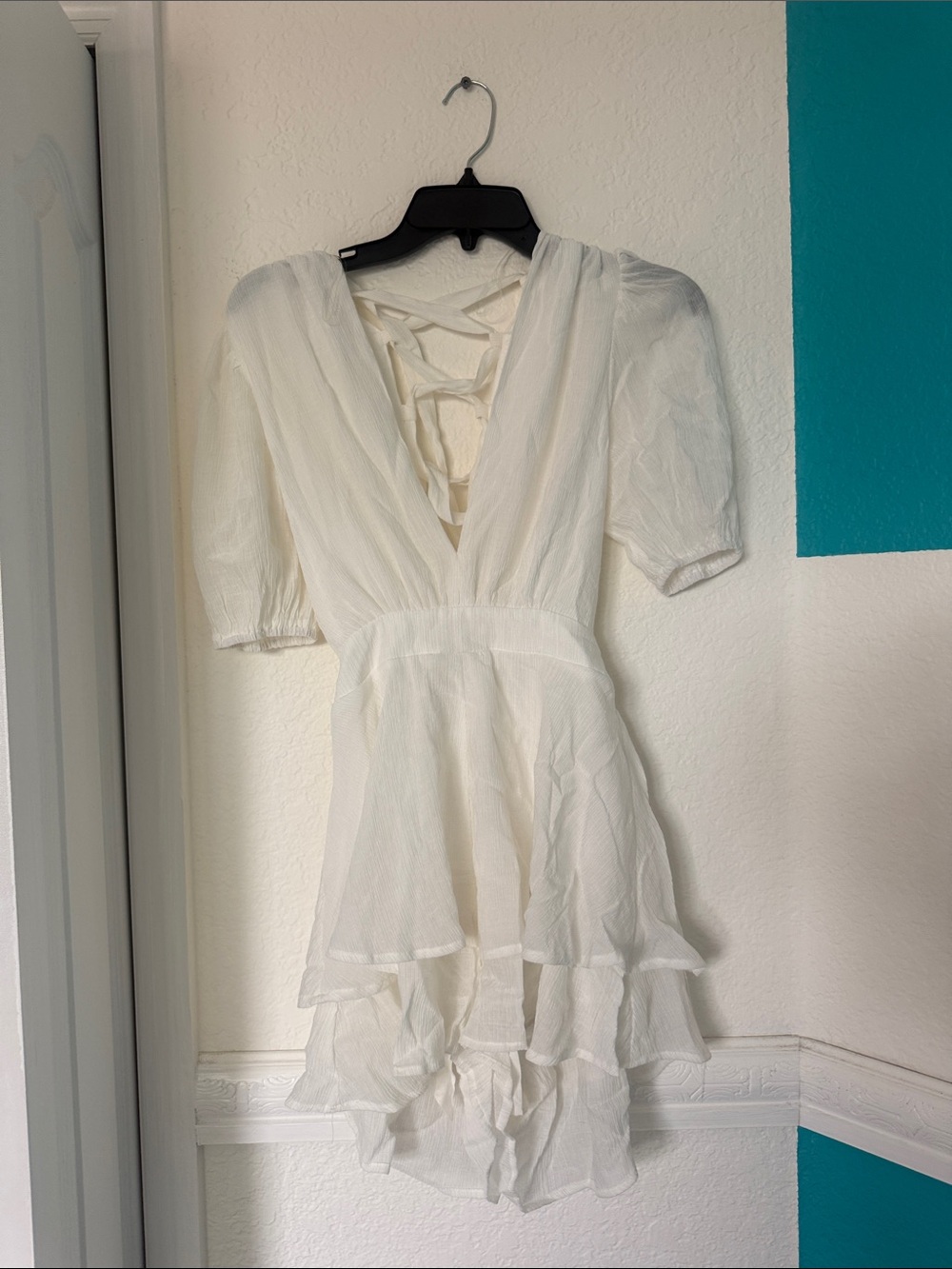 Fashion Nova White High-Low V-Neck Tiered Dress with Back Tie